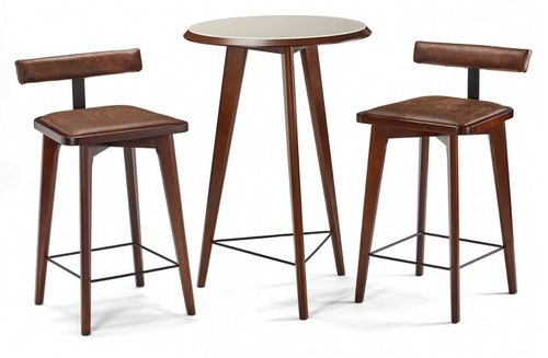 Brunswick Sao Bento pub table and two stools with tempered glass top and solid wood legs in Chestnut