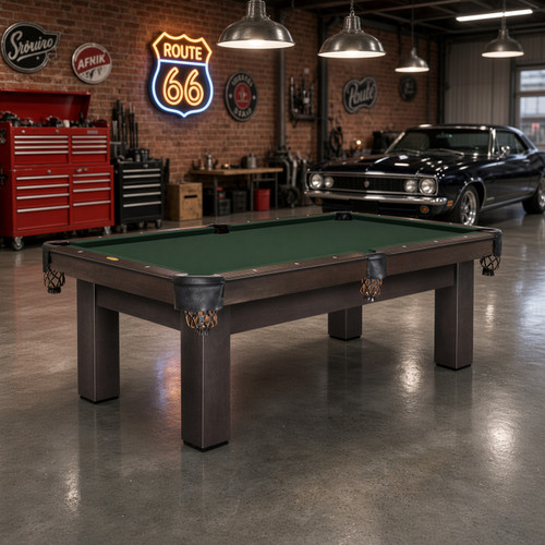 Olhausen Metro Pool Table in traditonal pecan on maple in a retro garage themed game room