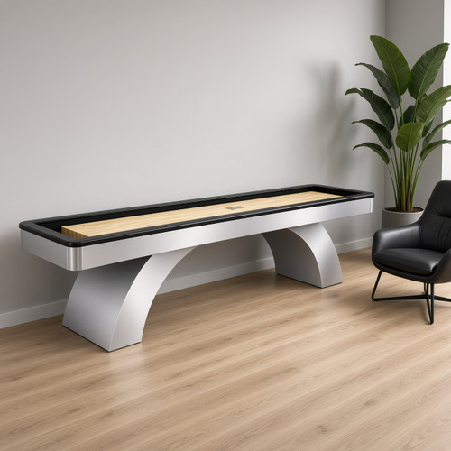 Olhausen Waterfall Shuffleboard Brushed Aluminum with black rails in a modern room setting