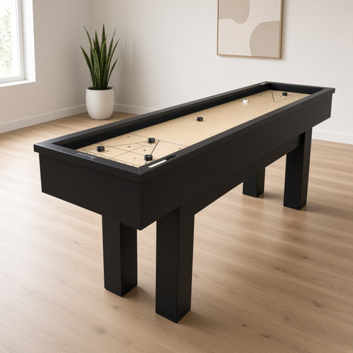 True Billiards Mesa Mini compact shuffleboard in a modern home game room

