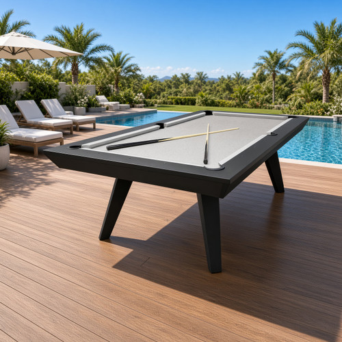 Olhausen Sinatra Outdoor Pool Table on pool deck with pool in background