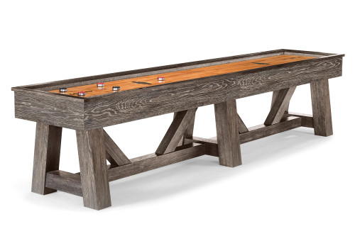 Brunswick Botanic dark charcoal shuffleboard table side view with furniture‑style base