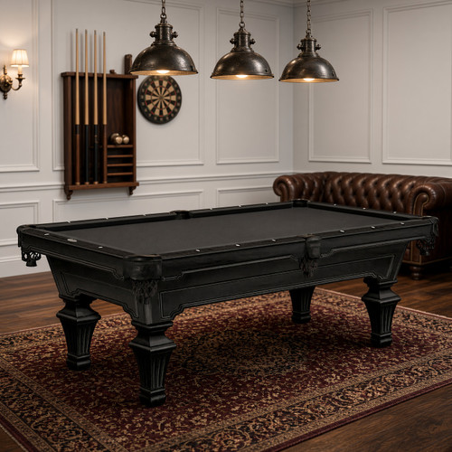 Olhausen Hampton Matte Black Lacquer Pool Table in traditional room setting white white walls and cue rack
