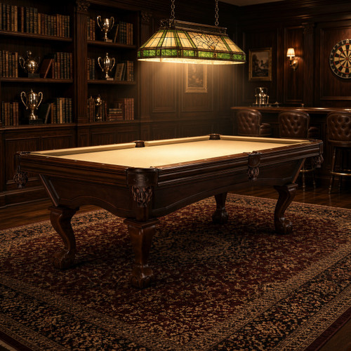 Brunswick Glenwood 7 foot pool table in espresso finish with ball and claw legs in library game room setting