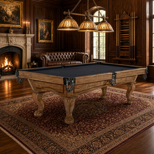 Brunswick Allenton rustic dark brown pool table in home game room setting with fireplace