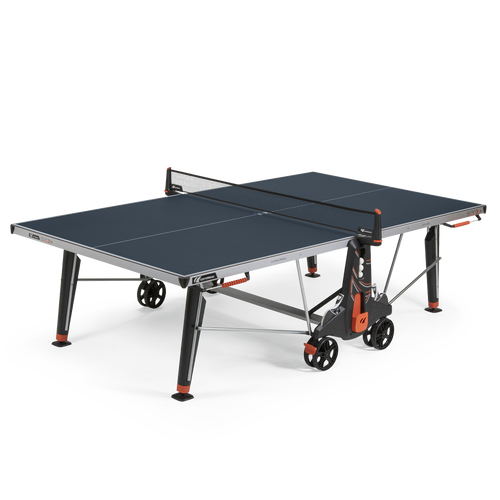 Cornilleau 500X outdoor blue table tennis table in playing position with 6mm MATTOP laminate top