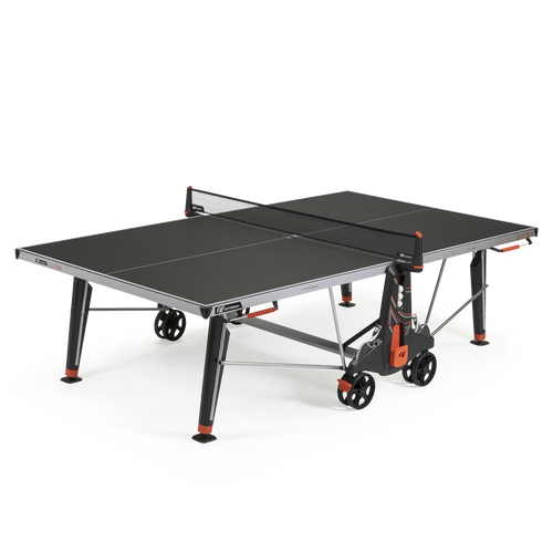 Cornilleau 500X outdoor black table tennis table in playing position with 6mm MATTOP laminate top