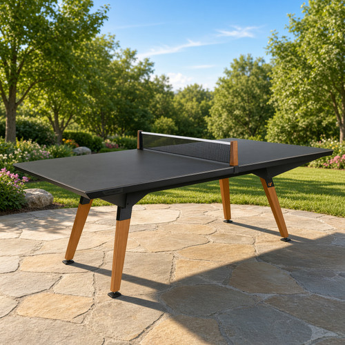 Cornilleau ORIGIN mid size 7x4 convertible outdoor ping pong table in outdoor setting on concrete patio
