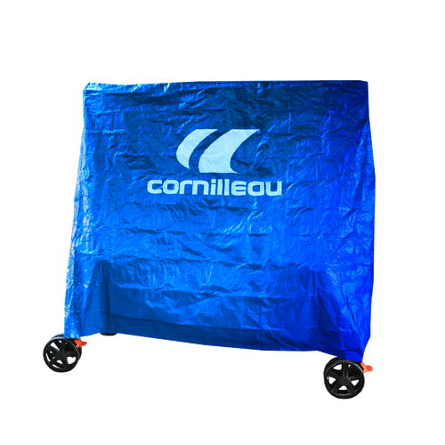 Cornilleau Sport blue polyethylene table cover fitted on folded table tennis table in storage position