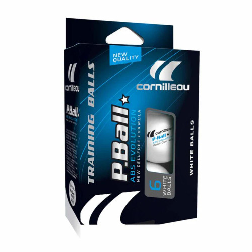 Retail box of Cornilleau P Ball ABS Evolution 1 star table tennis balls white 6 pack 340050