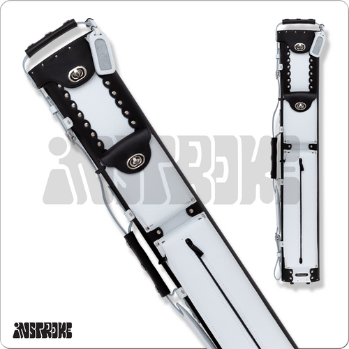 Instroke ISCL24 Leather 2x4 textured white and black cue case standing upright with dual accessory pockets and padded shoulder strap