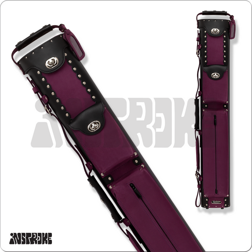 Instroke ISCL35 Leather 3x5 black and purple suede cue case standing upright with dual accessory pockets and padded shoulder strap