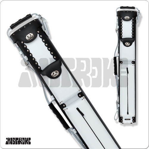 Instroke ISCL35 Leather 3x5 textured white and black cue case standing upright with dual accessory pockets and padded shoulder strap