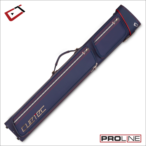Cuetec Pro Line navy 3x5 hard cue case standing upright with accessory pockets and backpack straps