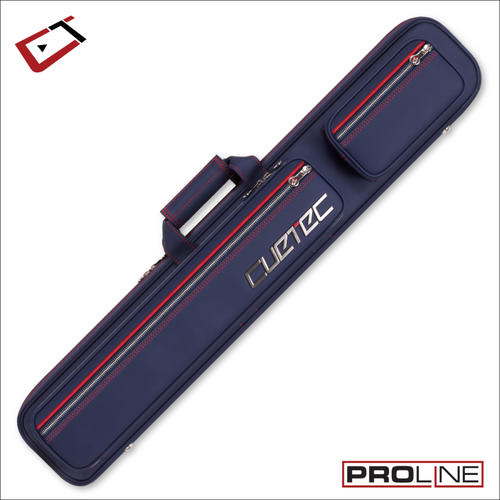 Cuetec Pro Line navy 4x8 soft cue case standing upright with accessory pockets and backpack straps