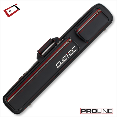 Cuetec Pro Line black 4x8 soft cue case standing upright with accessory pockets and backpack straps
