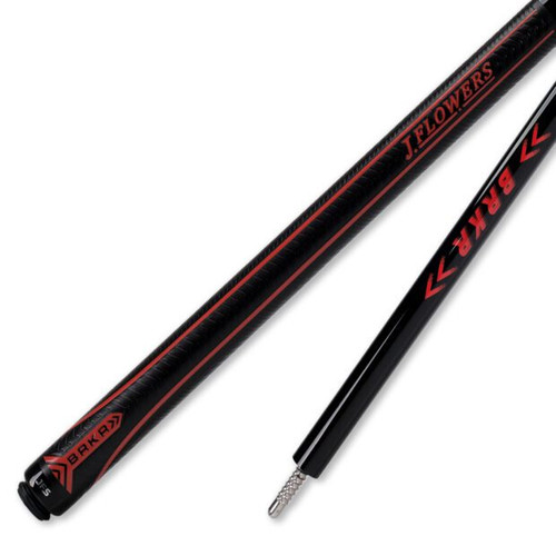 JFlowers BRKR Red break cue full view with carbon fiber shaft and leather sport wrap