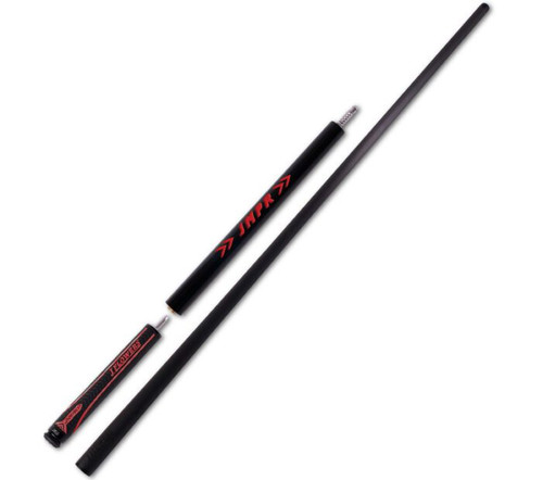 JFlowers JMPR Red jump cue full view with carbon fiber shaft and leather sports wrap