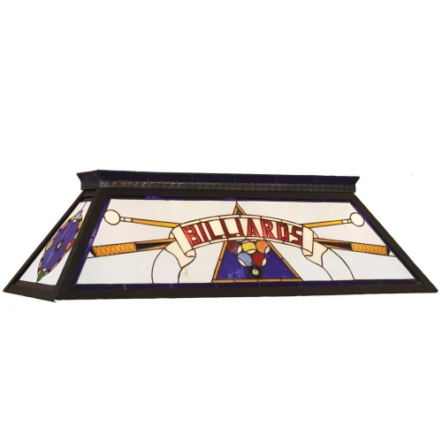44 inch blue stained glass billiard light with BILLIARDS banner, crossed cues, racked balls, and black metal frame