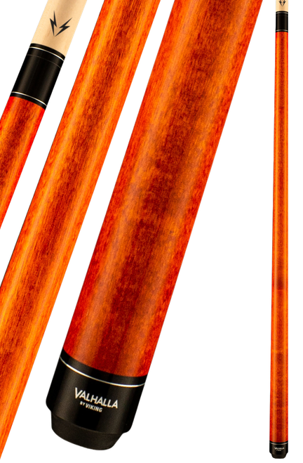 Close-up of the Valhalla VA109 autumn stain pool cue butt with a black sleeve, metal ring, and VALHALLA by Viking logo