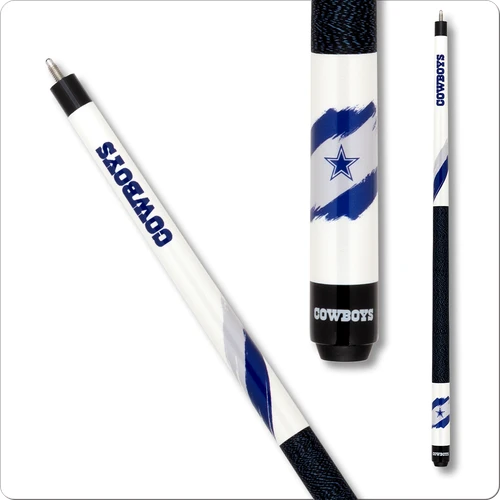 Dallas Cowboys NFL team pool cue with glossy white forearm and navy and silver graphics

