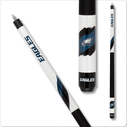 Philadelphia Eagles NFL team pool cue with glossy white forearm and midnight green and black graphics
