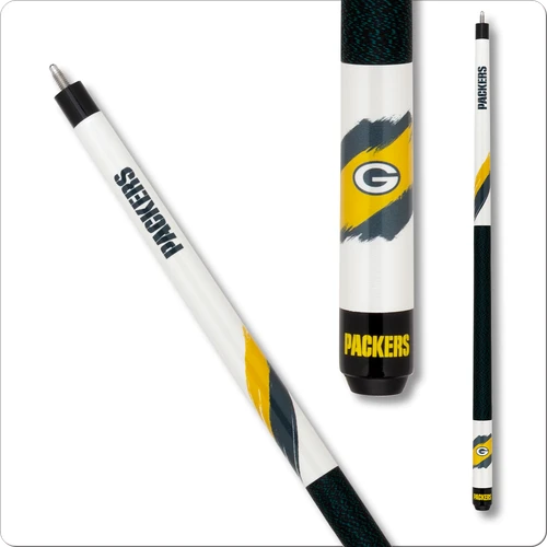 Green Bay Packers NFL team pool cue with glossy white forearm and green and gold graphics