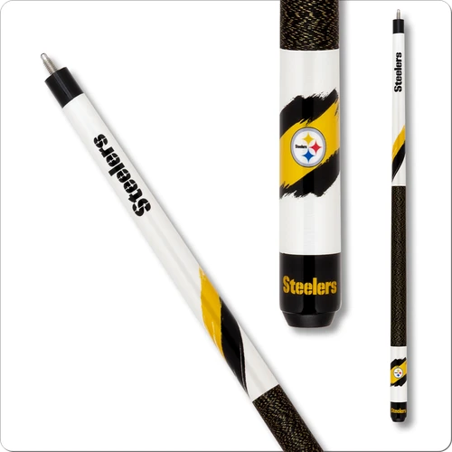 Pittsburgh Steelers NFL team pool cue with glossy white forearm and black and gold graphics