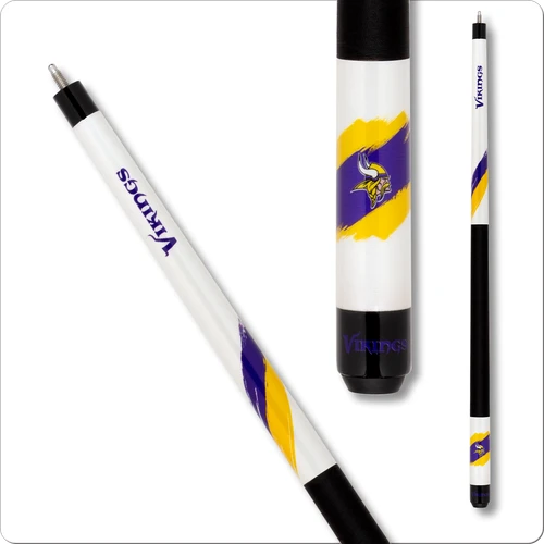 Minnesota Vikings NFL team pool cue with glossy white forearm and purple and gold graphics