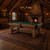Olhausen Timber Ridge Pool Table in rustic game room setting with fireplace and dartboard cabinet on wall