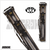 Instroke IST37 Tooled 3x7 black leather cue case standing upright with dual accessory pockets and padded shoulder strap