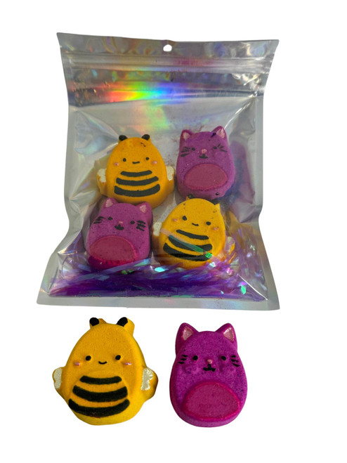 Squishy Cat and Bee Pack of 4 Colorful Bath Bombs in Holiday Romance Scent