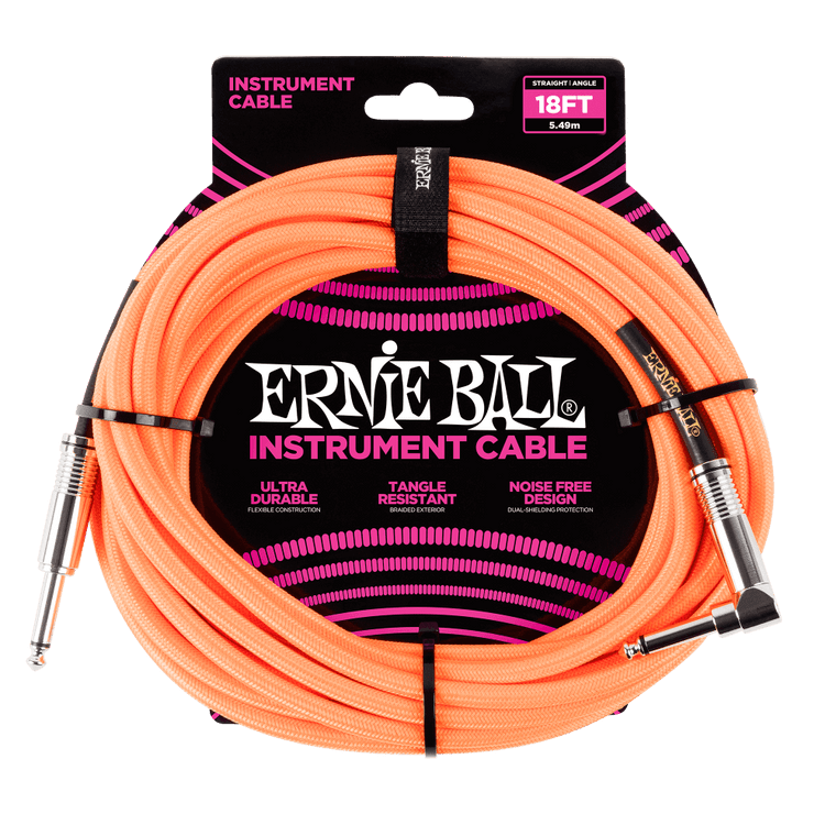 Ernie Ball 18ft Braided Straight/Angle Instrument Cable - Neon Orange
