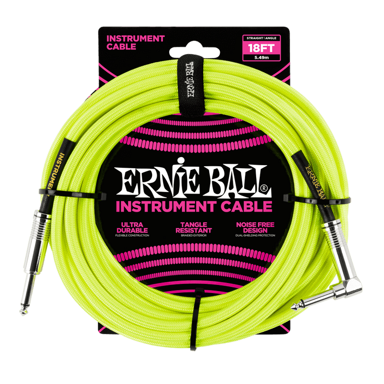 Ernie Ball 18ft Braided Straight/Angle Instrument Cable Neon-Yellow
