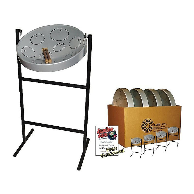 Panyard W1077 Jumbie Jam Educator Silver Steel Drum Pan 4-Pack with Metal Tube Floor Stand