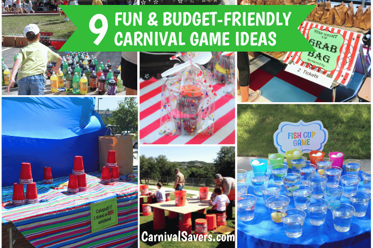 Collage of Cheap or Budget Friendly Carnival Games like Fish Cup, Cupcake Walk, Grab Bag & More