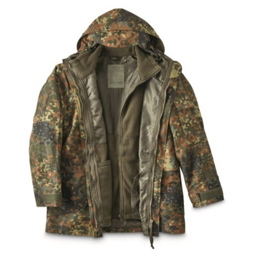 MIL-TEC® FLECKTARN CAMO TRILAM. WET WEATHER JACKET W/ FLEECE LINER - NEW - SMALL