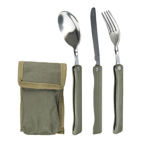 Mil-tec Foldable 3-Piece OD Green Eating Utensils with Storage Pouch - New