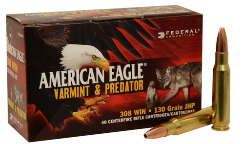 Federal American Eagle Varmint & Predator 308 Win 130 gr Jacketed Hollow Point (JHP) 40 Bx/ 5 Cs