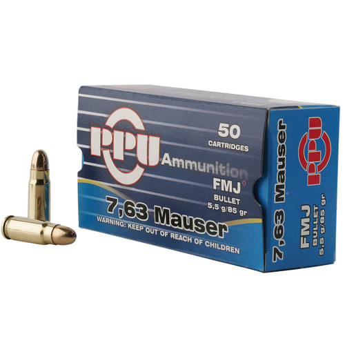 PPU Standard Rifle 7.63mm Mauser 85 gr FMJ Ammo - 50rd Box