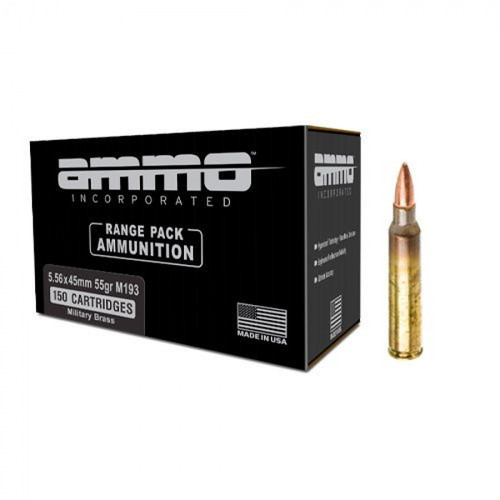 Ammo Inc 5.56x45mm Ammunition  55 Grain M193 Full Metal Jacket Military Brass Range Pack 150 Rounds AI556055FMJ-MS150