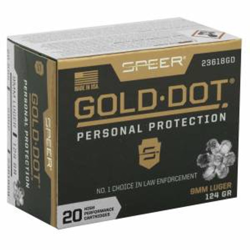 Speer Ammo 23618GD Gold Dot Personal Protection 9mm Luger 124 gr Hollow Point (HP) 20 Bx/ 10 Cs