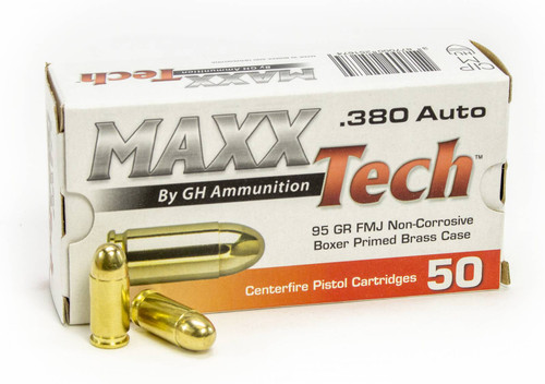 MaxxTech 380 ACP 95gr FMJ Brass Cased, Non-Corrosive, Primed Ammo - 50rd Box