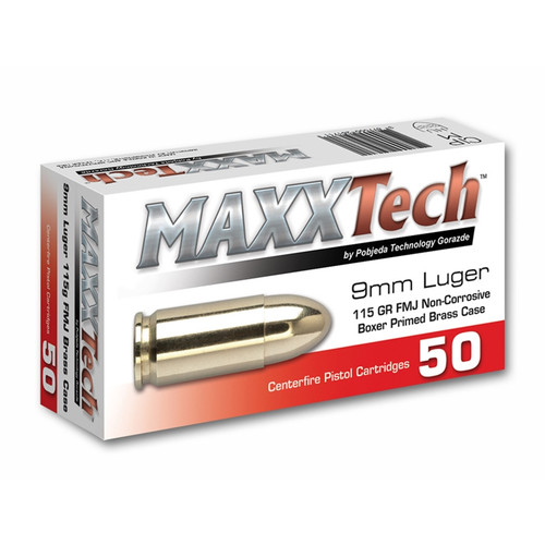 MAXXTECH 9MM 115GR FMJ 50RD BRASS CASE