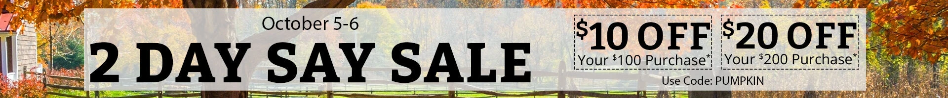 2 Day Sale - October 5-6. Save $10 on $100, $20 on $2000 with code PUMPKIN.