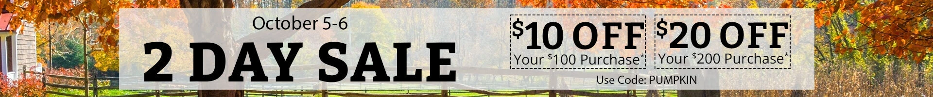 2 Day Sale - October 5-6. Save $10 on $100, $20 on $2000 with code PUMPKIN.