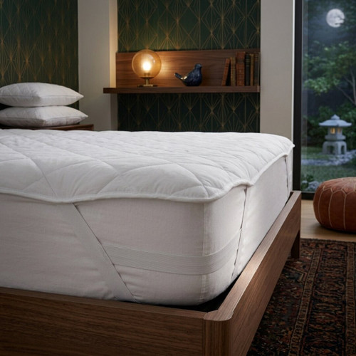 white-microfibre-mattress-topper-with-elasticated-straps-on-bed-showing-soft-cushioned-comfort-layer
