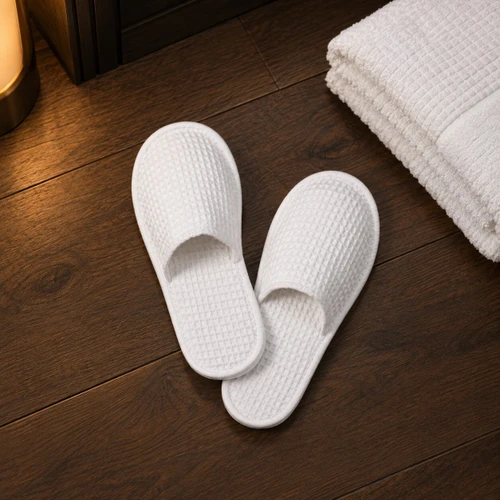 white-cotton-waffle-slippers-open-back-hotel-suite-floor-scene