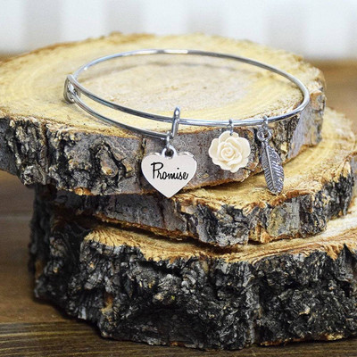 friendship Promise Bangle promise heart with feather and white rose charms