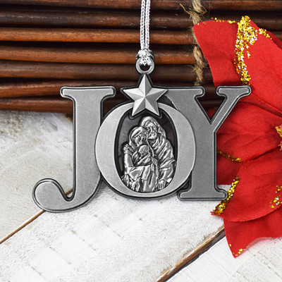 Joy Nativity Antique Silver Christmas Ornament